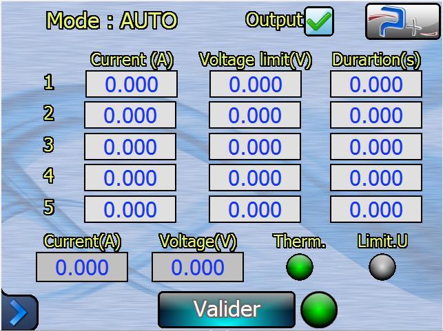This screen also allows to select the current range and the current frequency.