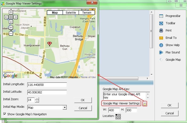 Click Google Map viewer setting icon, it will come out a Google map viewer settings Current Center Position: The current map position. Display Latitude and Longitude of the current center position.