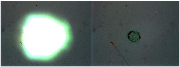 Figure 7. The plasma flash in the film and it s damaged surface morphology during laser conditioning process. 3.2.