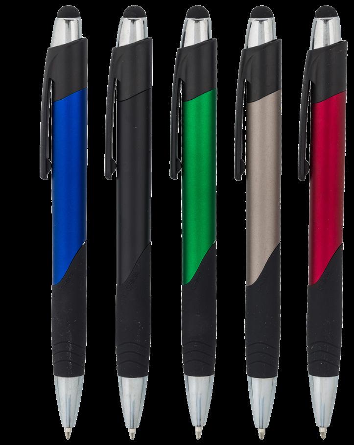 STYLUS PENS Retractable ballpoint pen/stylus combination. Stylus nib at the bottom by the writing point. Colors: Black, red, blue, green or gray w/ chrome trim. Blue ink refill.