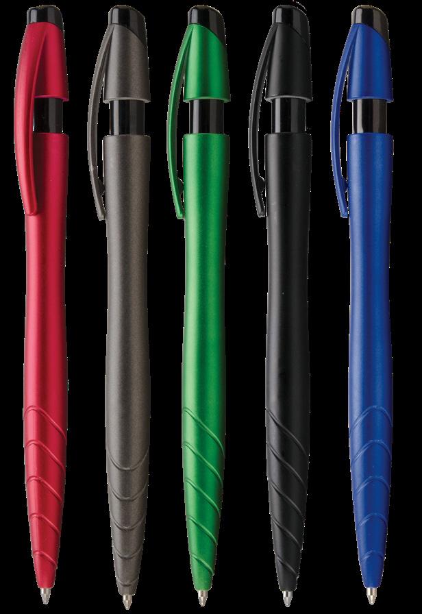 The BEVEL Style: P42H Plastic retractable pen with black highlights and chrome trim.