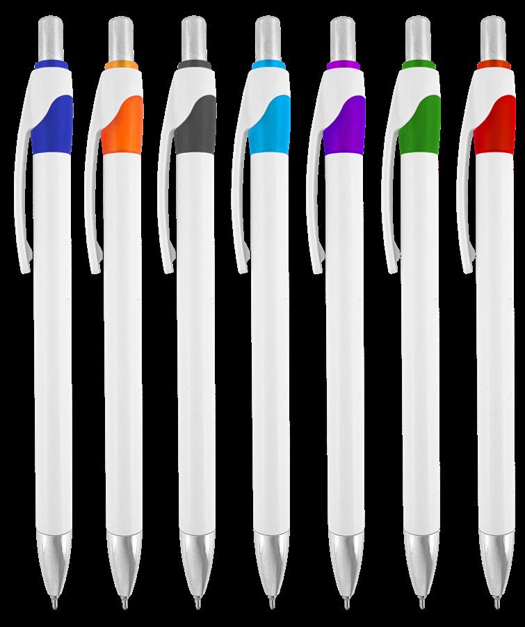 59 4C The CANDEE Style: P66E White plastic retractable pen with colored highlights and chrome trim.