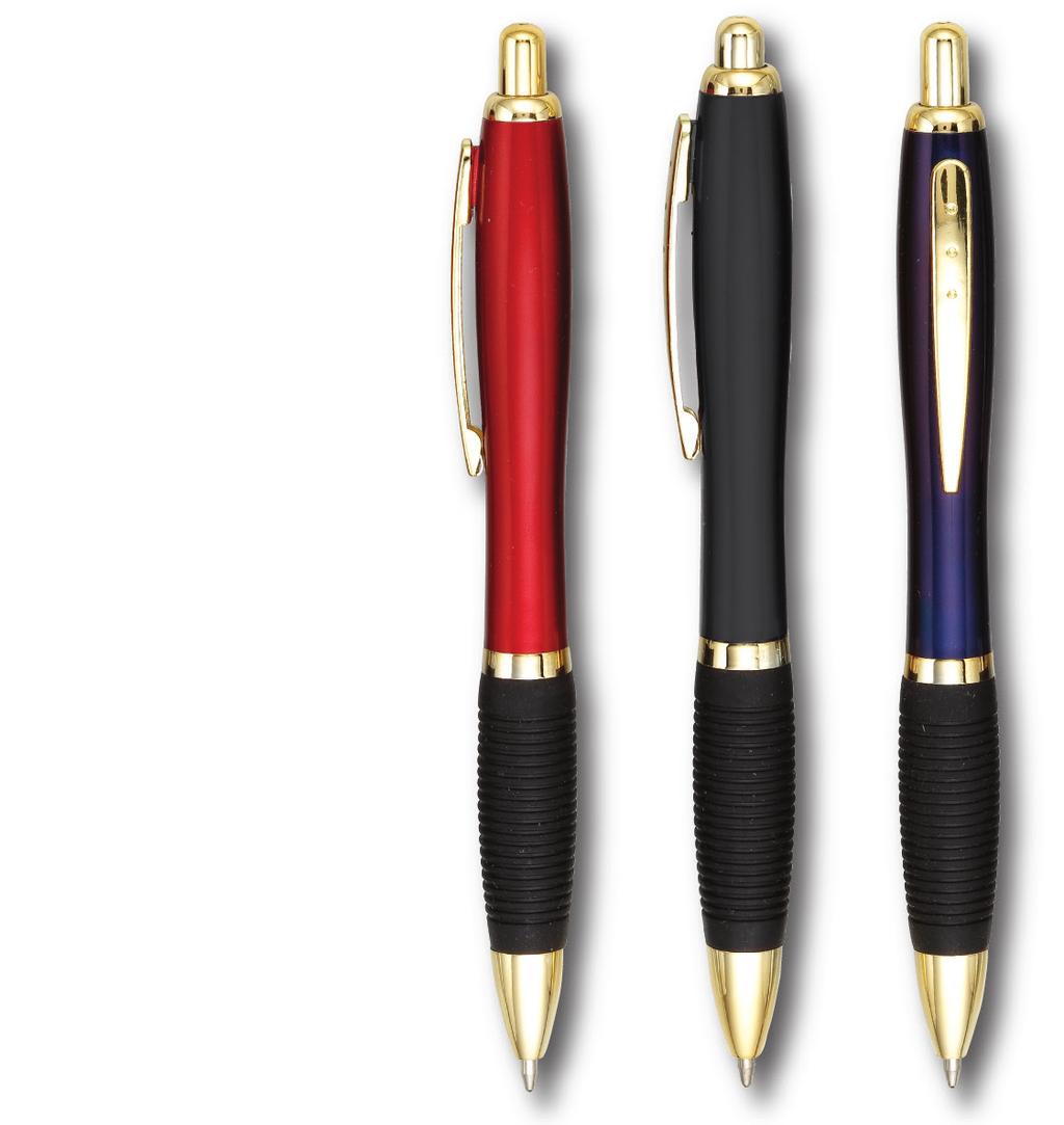 PLASTIC PENS Plastic retractable pen with black ribbed grip and gold trim. Colors: burgundy, black or blue.