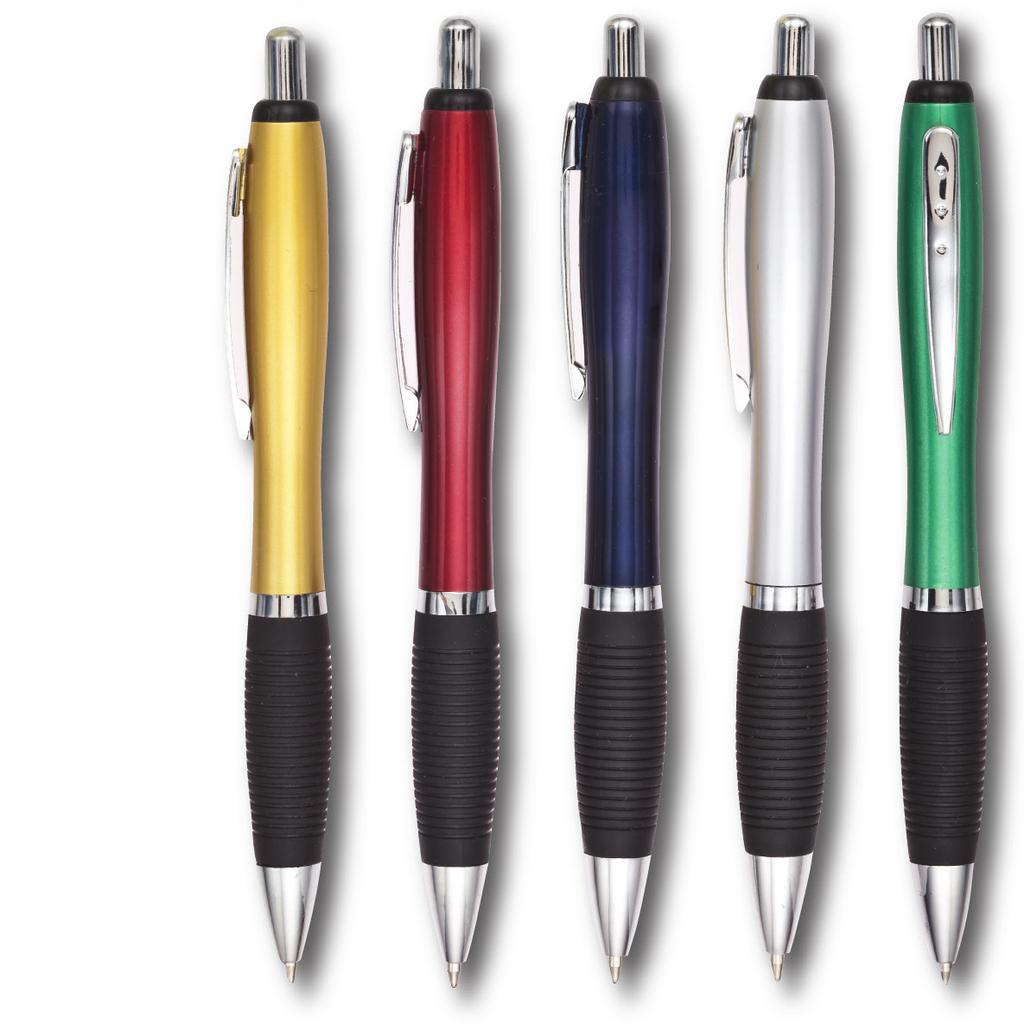 73 4C Barrel: 1 1/2 x 1/2 Weight: 24 lbs/m Plastic retractable pen with black ribbed grip and chrome trim.