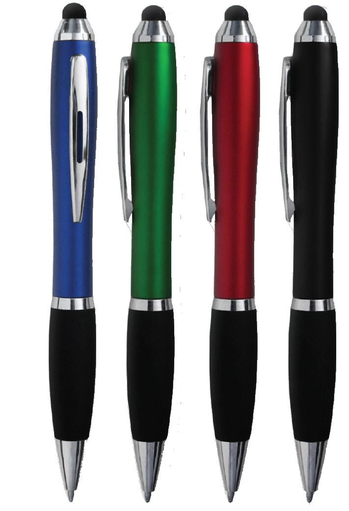 STYLUS PENS Stylus / Twist pen combination with black grip. Stylus nib at the top of the pen. Colors: Black, burgundy, blue or green w/black grip and chrome trim.