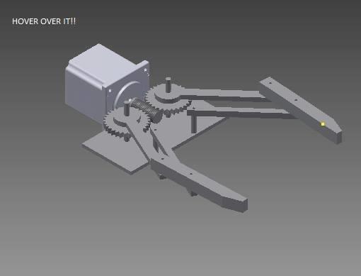 This is the Autodesk design of the gripper: It basically consists of a frame on which two gears and a stepper motor are mounted.