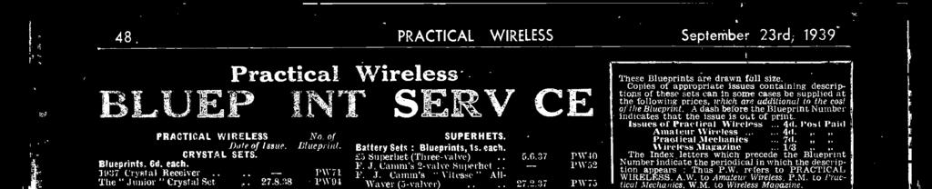 NT SERV CE September 23rd; 1939 There Blueprints are drawn full size Copies of appropriate issues Containing clescriptiwis of these reto can in souse cases be supplied at the following prices, which