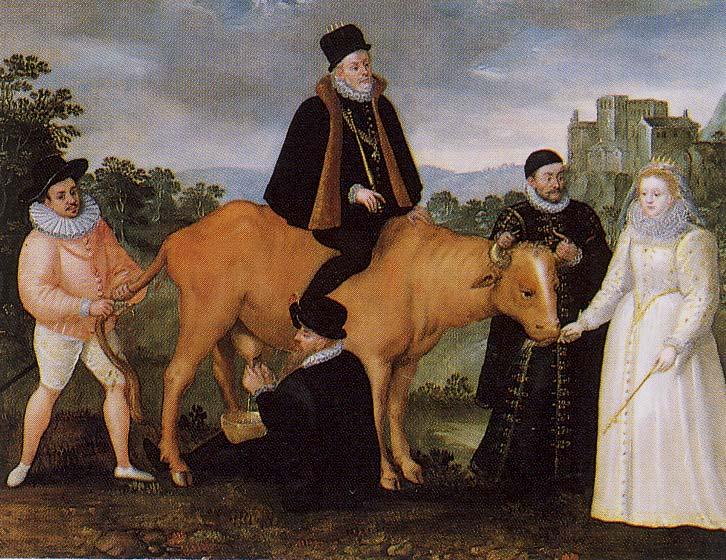 "Queen Elizabeth I Feeds the Dutch Cow", a satirical Flemish painting, c. 1586. The cow represents the Dutch provinces.