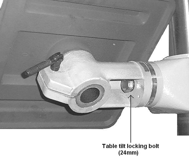 After the table is in the correct position tighten clamp release bolt securely. Note: Never swing table if any material or fixturing is on it.