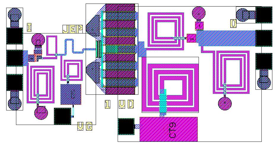 Fig. 7 Final layout of 8- to 10-W Gen2 1-stage (3- to 7-GHz) 1.75-mm GaN HEMT PA (1.6 0.8 mm) 20 15 amp_pa_1_75mm_mom 2.6 GHz 19 db 7 GHz 14.9 db 2 1.
