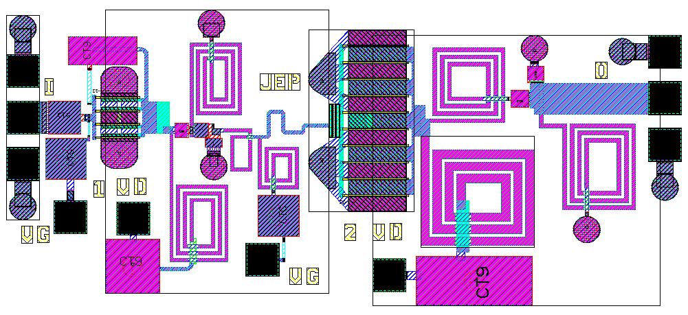 Fig. 9 Final layout of 8- to 10-W Gen2 2-stage (3- to 7-GHz) 1.75-mm GaN HEMT PA (2.0 0.9 mm) 30 25 20 15 10 5 0-5 -10-15 -20 amp_pa_1_75mm_2stg_ax 4 GHz 25.3 db 6 GHz 25.