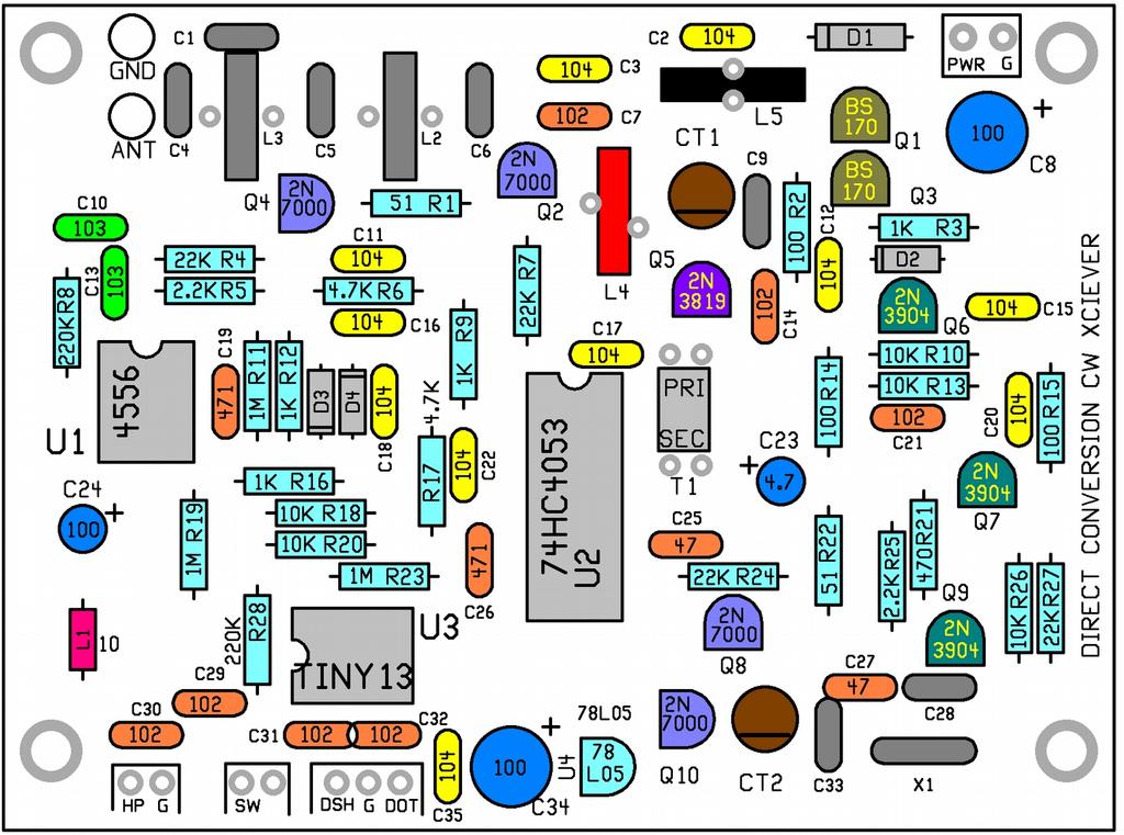 Assembly: Most of the parts will be installed on the board before any testing is done. The parts location diagram for the board is shown below.