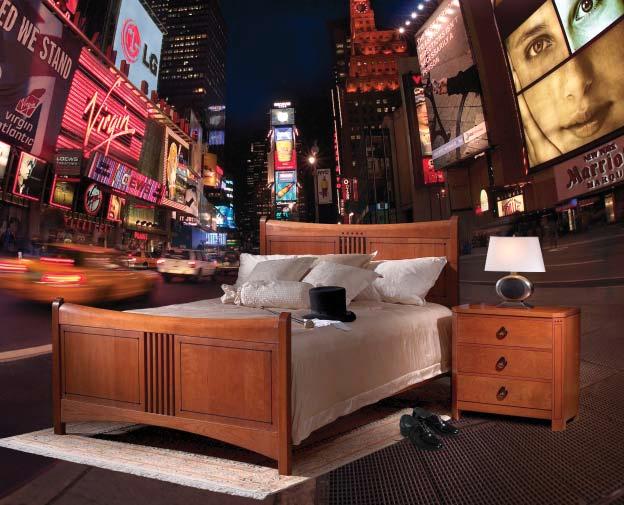 21 S T C E N T U R Y B E D R O O M 2073B GRAMERCY PARK BED, 2075 THREE-DRAWER NIGHT STAND At the neon crossroads of culture, Stickley has created a