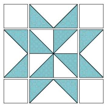 12. Lay out four white 2 squares, four aqua and white flying geese units, and the pinwheel block unit to form a Pinwheel Star block as shown. 13.