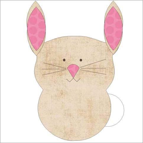 Block two Rabbit: 1 white 6½" square, 1 light brown owl body, 4 light brown wings (ears), 2 dark pink wings (ears), 1 white 1⅜" circles (tail), 1 dark pink beak (nose).