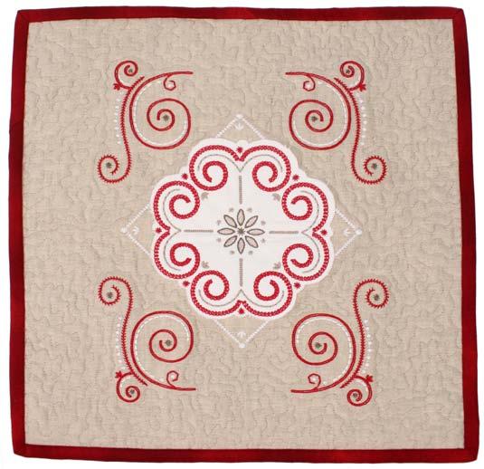 stand Cut: (1) 14" x 14" piece off-white linen fabric (2) 2 ¼" strips red fabric (binding) Embroider: Note: The designs used in our sample are #12515-17 and #12515-22.