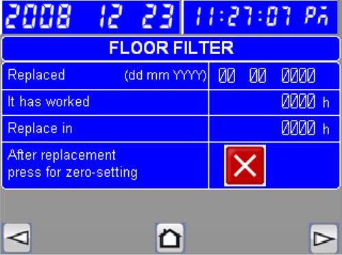 The counter is reset and the system shows the new installation date. The following details are specified for the ceiling filter:   Press YES to confirm and then ESC.