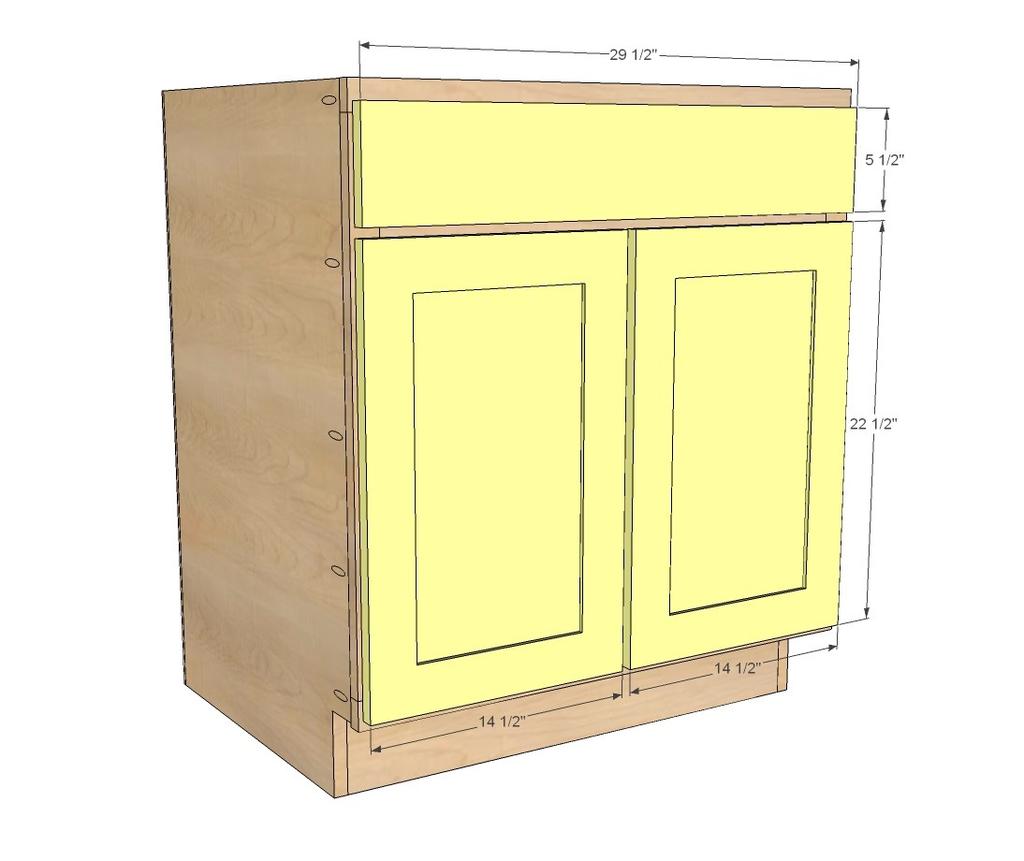[32] We used full overlay doors (purchased from Cabinet Now) in the above sizes. When cabinets are assembled, this leaves a 1/2" reveal of face frame between all doors and drawers.