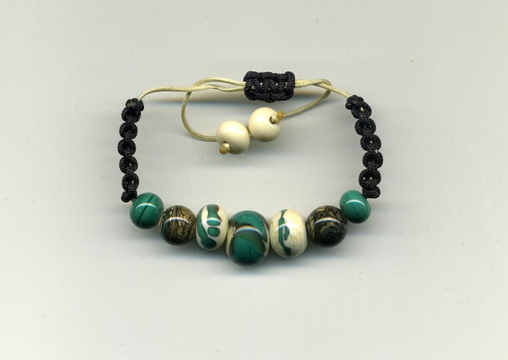 Shambala style bracelet with Ivory and Petrol Green glass