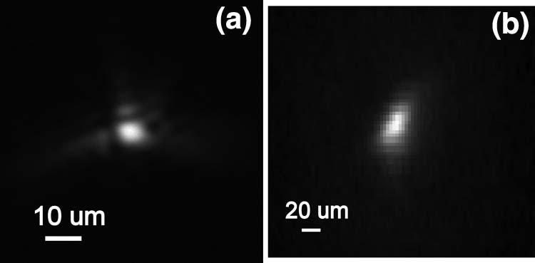 Fig. 18. (a) Equivalent plane focal spot measurement on a high energy shot. (b) X-ray pinhole camera image, taken with a 15 μm pinhole. Fig. 16.