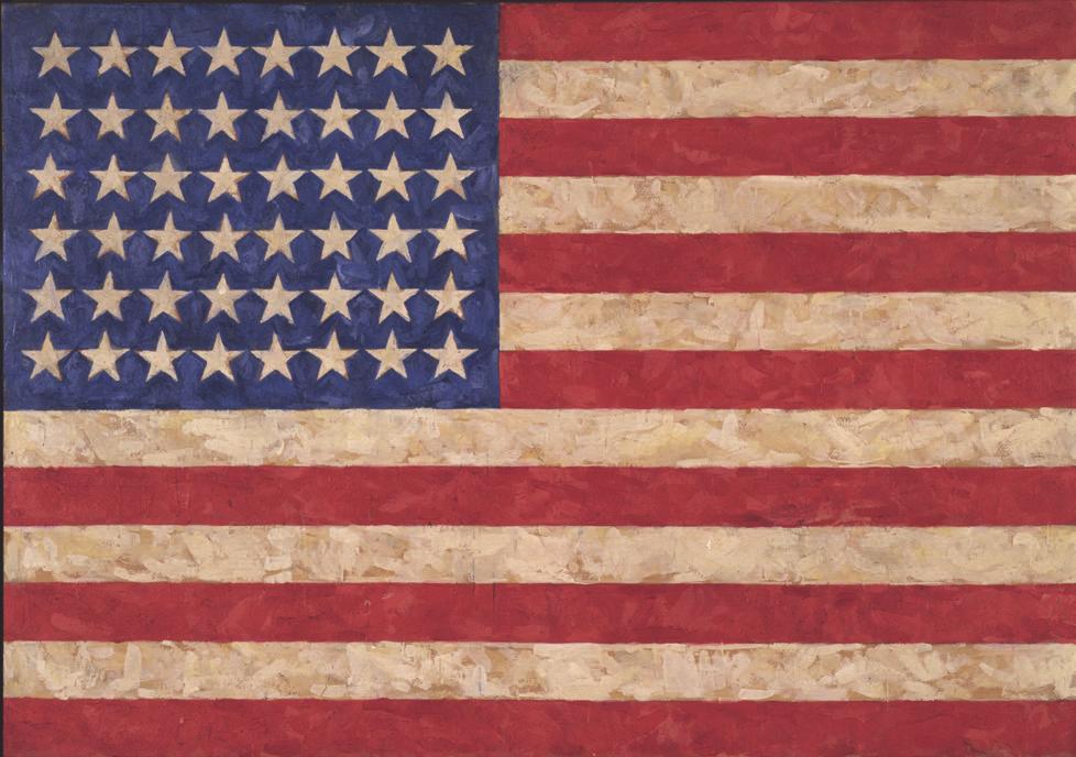 Wave a Flag! 2 Find Flag, 1958 This is the American flag. It has 13 red and white stripes for the first 13 states, and 50 white stars, one for each state, on a blue rectangle.