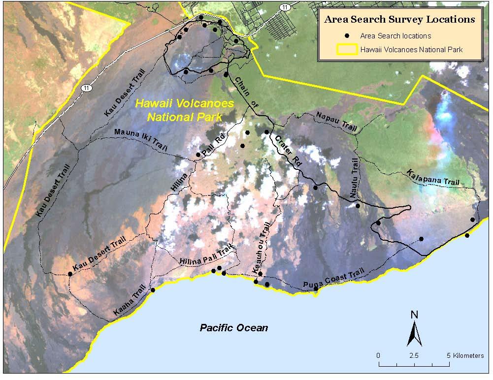 Figure 1. Sites (black dots; 30 dots represent 38 sites) surveyed using area search survey methods, Hawai`i Volcanoes National Park, 14 April - 14 July, 2005. Table 1.