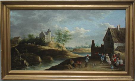 173. DUTCH SCHOOL OIL ON CANVAS Lakeside Picnic Scene with Family Frolicking, 18 th Century, monogrammed lower