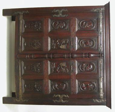 FRENCH CARVED OAK CUPBOARD, circa 1800, twelve carved cameo panels depicting portraits, lion passant, and