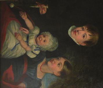 184. ENGLISH SCHOOL OIL ON CANVAS Portrait of Three Children, 1 st Half of the 19 th Century, the young boy holding a
