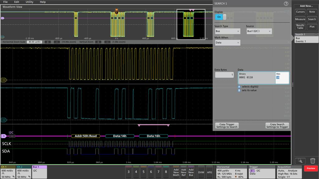 SEARCHING THE I 2 C BUS On a Tektronix oscilloscope you can use the automated Wave Inspector search to find all of the bus events that meet a search criteria and determine how many of them occurred.