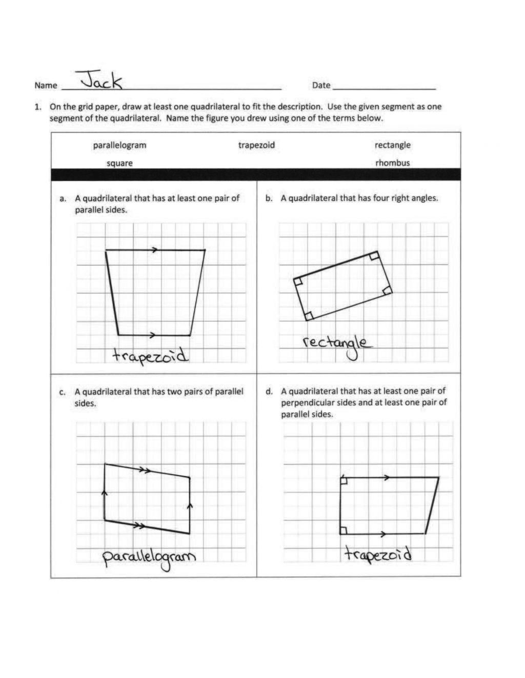 Lesson 16 4 4 Student Debrief (10 minutes) Lesson Objective: Reason about attributes to construct quadrilaterals on square or triangular grid paper.