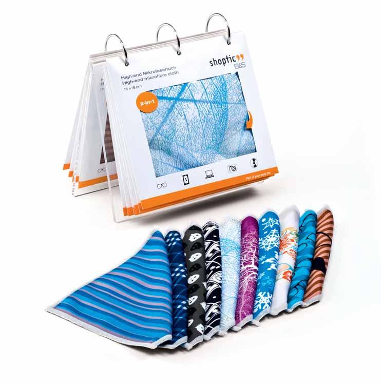 High-end design microfibre cloths with display 20 microfibre cloths with 10 different attractive designs: Double-sided: patterned side for high gloss