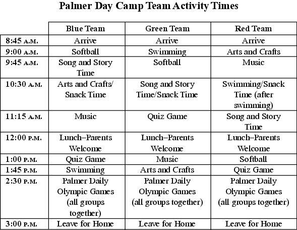 Name: Date: Palmer Day Camp Activity Times Things You Should Have With You Each Day: Bring your swimsuit and towel. Bring your favorite treat for morning snack time.