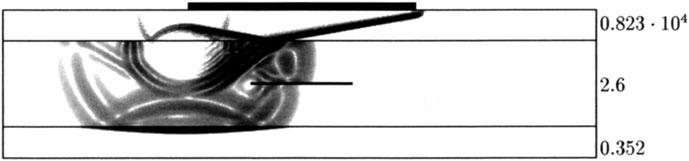 TEN-DEGREE INCIDENCE WITH CRACK In this case the transducer radiates into the upper air medium at an angle of ten degrees. The frames are shown in Figure 16 through 21.