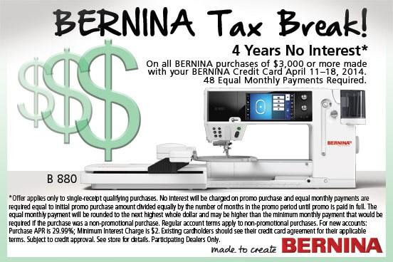 Page 3 E V ERYBODY NEEDS A TAX BREAK Cleaning out the Stockroom. If you need an older upgrade to a Bernina sewing machine or software, you are in luck.
