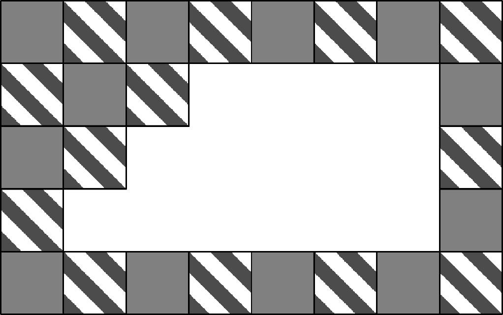 A regular rectangular pattern on a wall was created with 2 kinds of tiles: grey and striped. Some tiles have fallen off the wall (see the picture). How many grey tiles have fallen off?