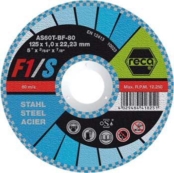 RECA Ultra Thin Metal Cutting Discs RECA F1 Range gives ultimate performance on either steel or stainless steel. Speed of cut: the F1 range offers excellent performance and effortless cutting.