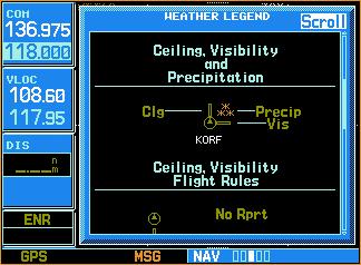 4.3.5 38BVerify Temperature/Dewpoints To display Temperature/Dewpoints on the NAV Weather Page: 1. Select the NAV Weather Page. 2. Press CRSR. The upper left hand corner data field flashes. 3. Turn the small right knob and select TEMP/DP.