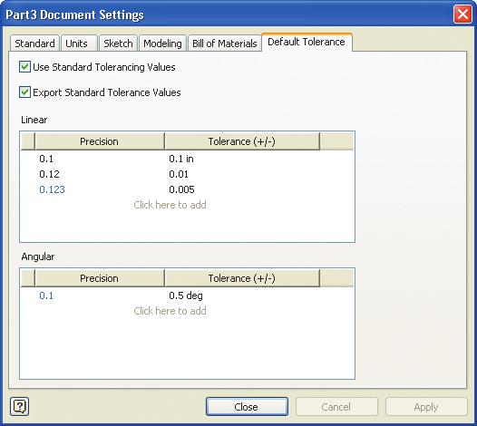 Figure 4A 2 The Default Tolerance tab of the Document Settings dialog box is used to add general tolerances to modeling dimensions.