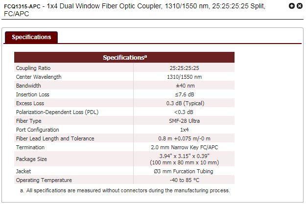 TWQ1550HF 1x4 Wideband Optic Coupler, 1550 ± 100 nm, 25:25:25:25 Split, $760.00 Today TWQ1550HA 1x4 Wideband Optic Coupler, 1550 ± 100 nm, 25:25:25:25 Split, $811.