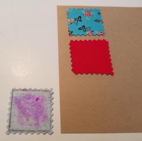 Arrange the three trimmed fabric squares on the left side of the card front.
