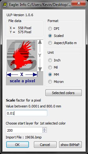 the 'Unit' radio box to 'mm' Set the 'Scale' factor to 0.01mm, the same scale we used when resizing our bitmap image earlier (remember mm*100?