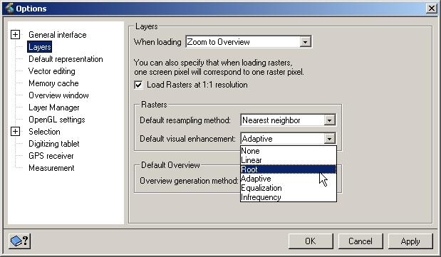Geomatica I - Module 3: Image Processing with Focus Figure 3.2 Focus Options dialog box 2. In the Options dialog box, select Layers. 3. In the Rasters section, click the Default visual enhancement list box and select the Root enhancement.