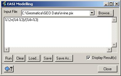 Geomatica I - Module 3: Image Processing with Focus Figure 3.13 EASI Modeling dialog box 2. From the Input File list, select irvine.pix. 3. In the EASI Modeling dialog box, enter the following model: %12=(%4-%3)/(%4+%3) Figure 3.