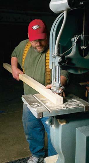 Mark the taper on two sides of each post (below), band saw proud of the line (right) and then joint each face. Mark the taper on the other two faces and repeat.
