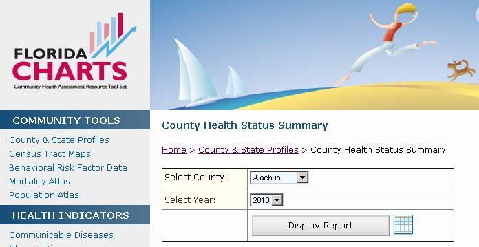 Chapter 2: The Health Profile Reports 3. Or, click County Health Status Summary to go to the next screen and select your county and year of interest. 4. The report will look like the image below.