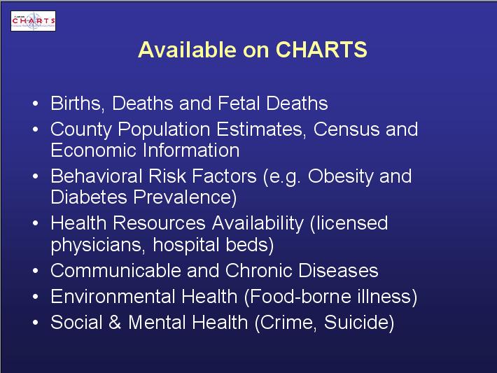 Chapter 1: Overview FloridaCHARTS provides easy access to health indicators Whether you are a researcher applying for a grant, a student of a health program, or a citizen interested in the health of