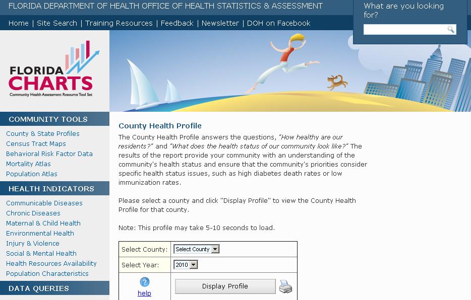 How to Request a County Health Profile Report Chapter 2: The Health Profile Reports 1. County Health Profile Reports are found in the Community Tools section of FloridaCHARTS.