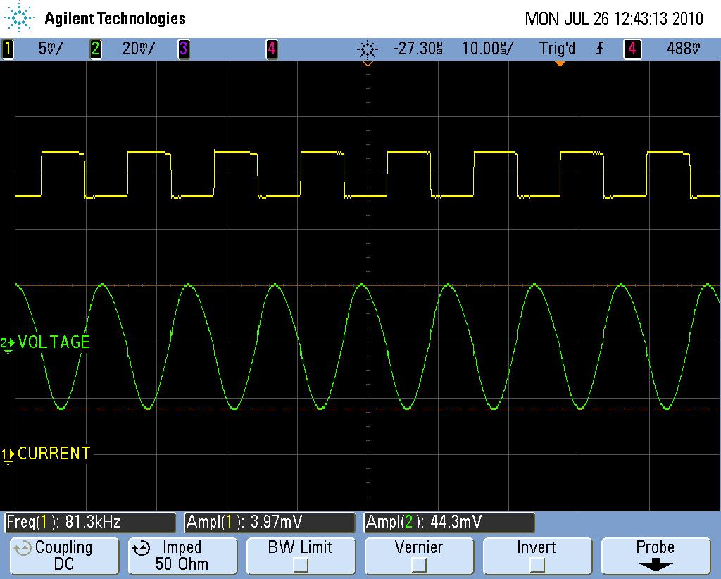 Figure 15 The top yellow waveform is the step load current forcing function. The bottom green waveform is the output voltage forced response. The peak amplitude has increased 6.