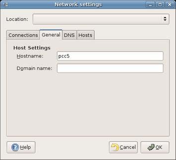 In the Network Settings dialog, on the second tab General. The Hostname is the name of the computer. The Domain name is usually not required.